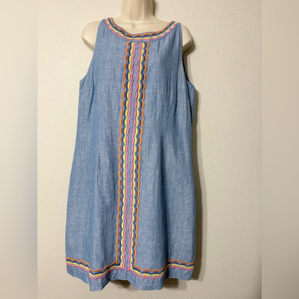 Talbots Chambray Colorful Scalloped Embroidery Shift Dress Sleeveless Back Zip - Picture 4 of 16